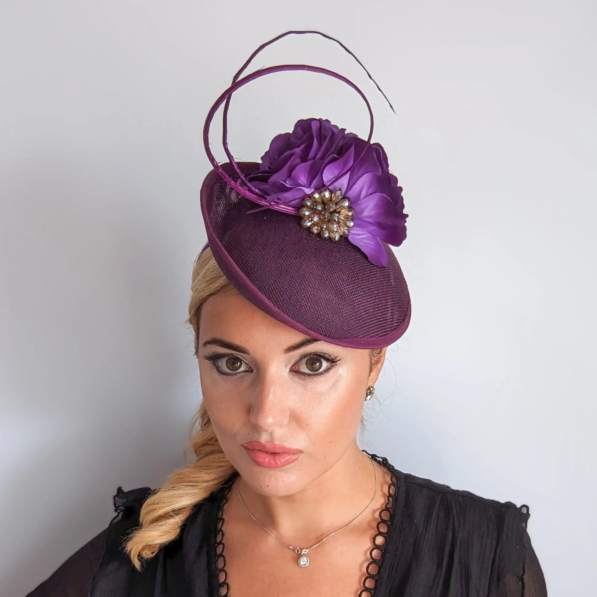 Dark plum purple flower disc saucer fascinator hat - House of Hats