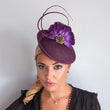 Dark plum purple flower disc saucer fascinator hat - House of Hats