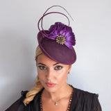 Dark plum purple flower disc saucer fascinator hat - House of Hats