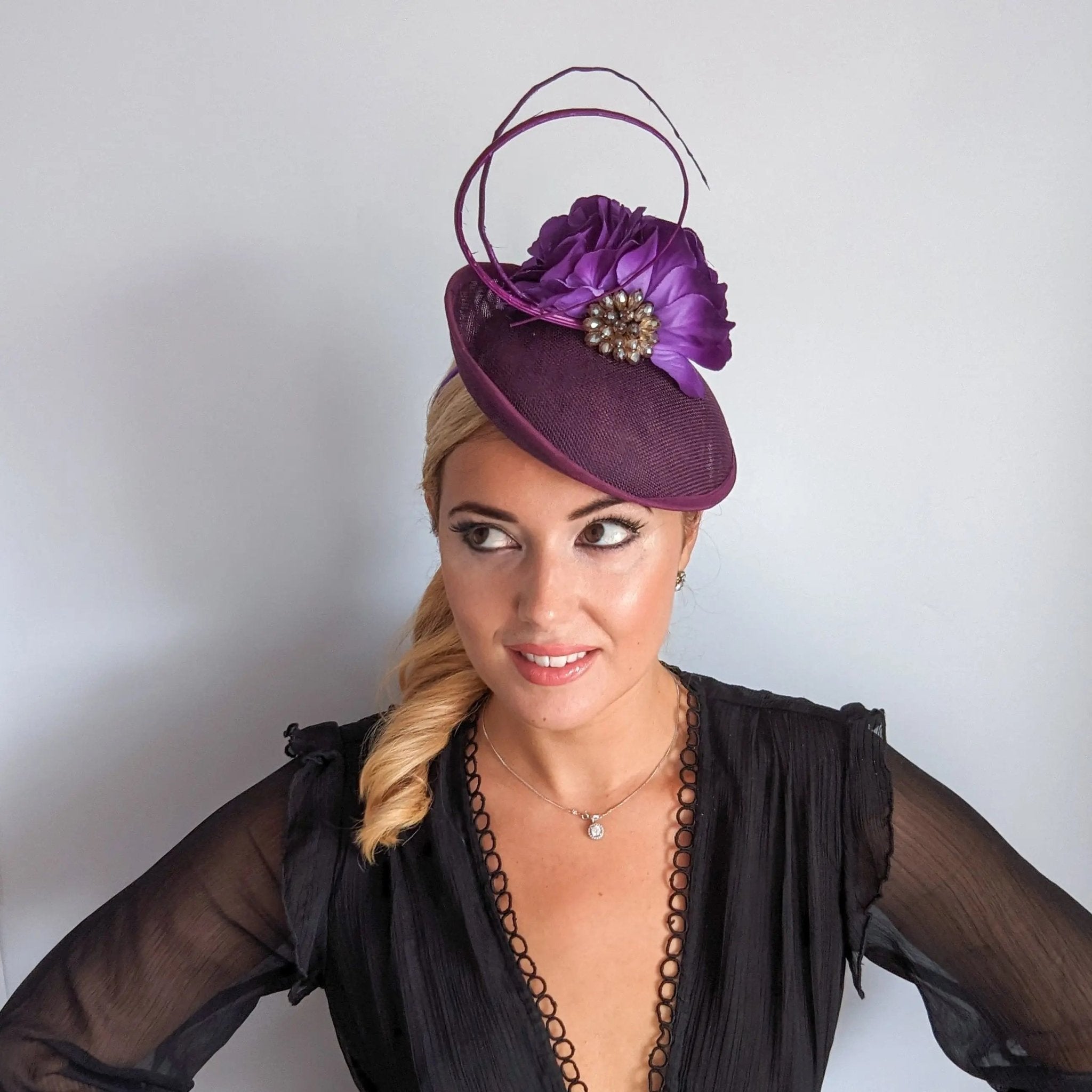 Dark plum purple flower disc saucer fascinator hat - House of Hats