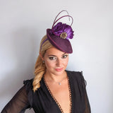Dark plum purple flower disc saucer fascinator hat - House of Hats