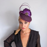 Dark plum purple flower disc saucer fascinator hat - House of Hats