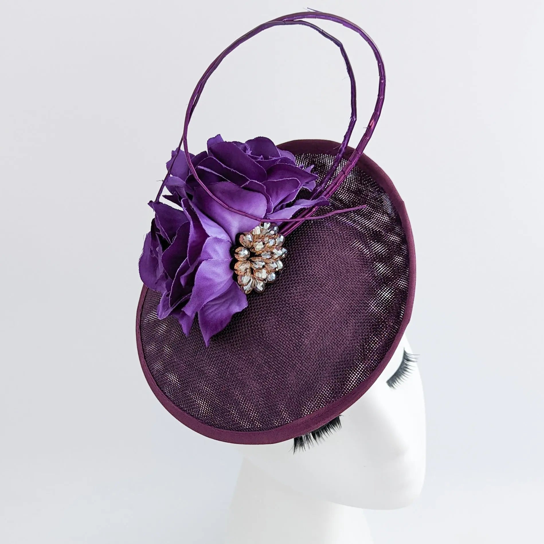 Dark plum purple flower disc saucer fascinator hat - House of Hats