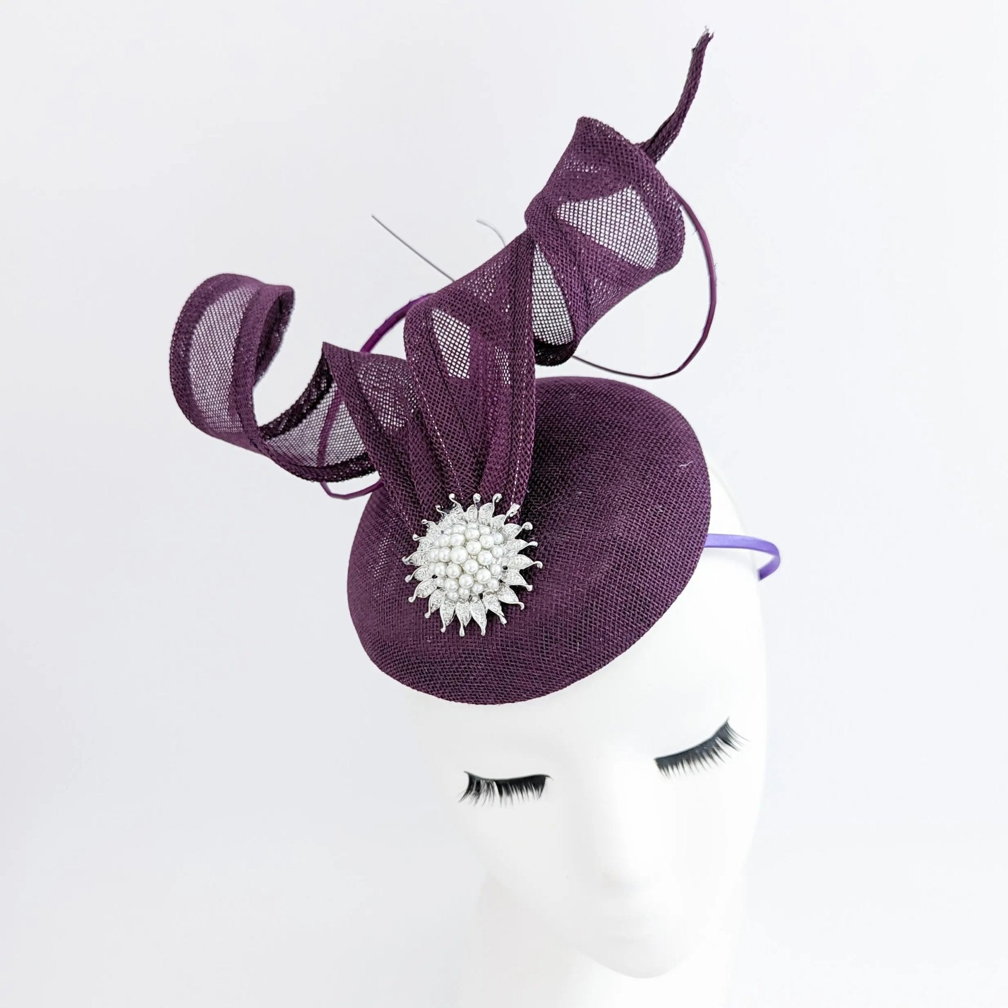 Dark plum purple pearl fascinator hat - House of Hats