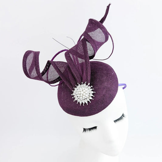 Dark plum purple pearl fascinator hat - House of Hats