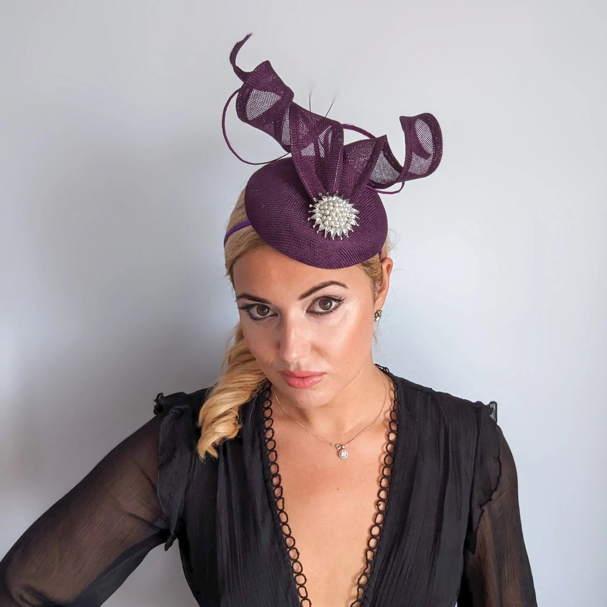 Dark plum purple pearl fascinator hat - House of Hats