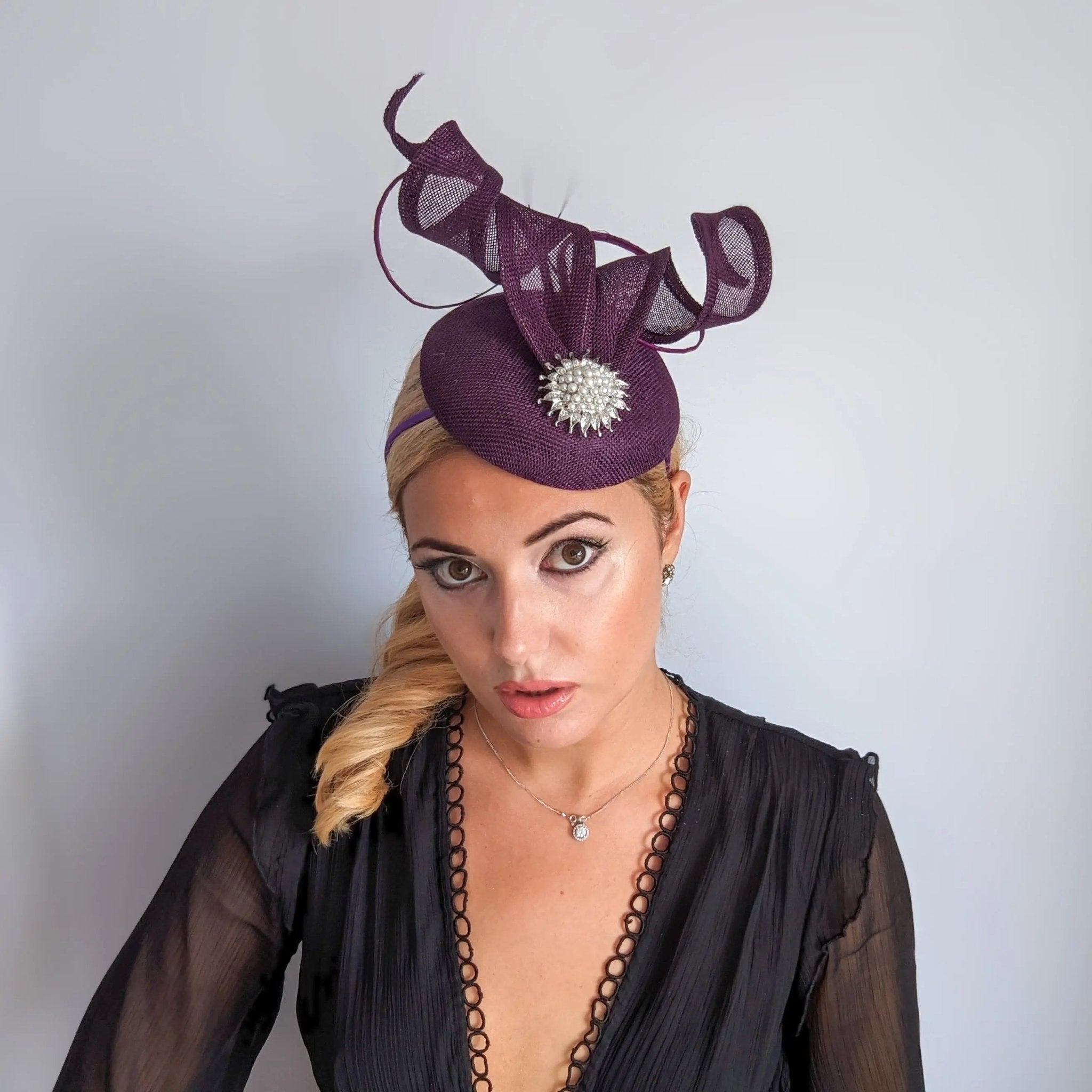 Dark plum purple pearl fascinator hat - House of Hats