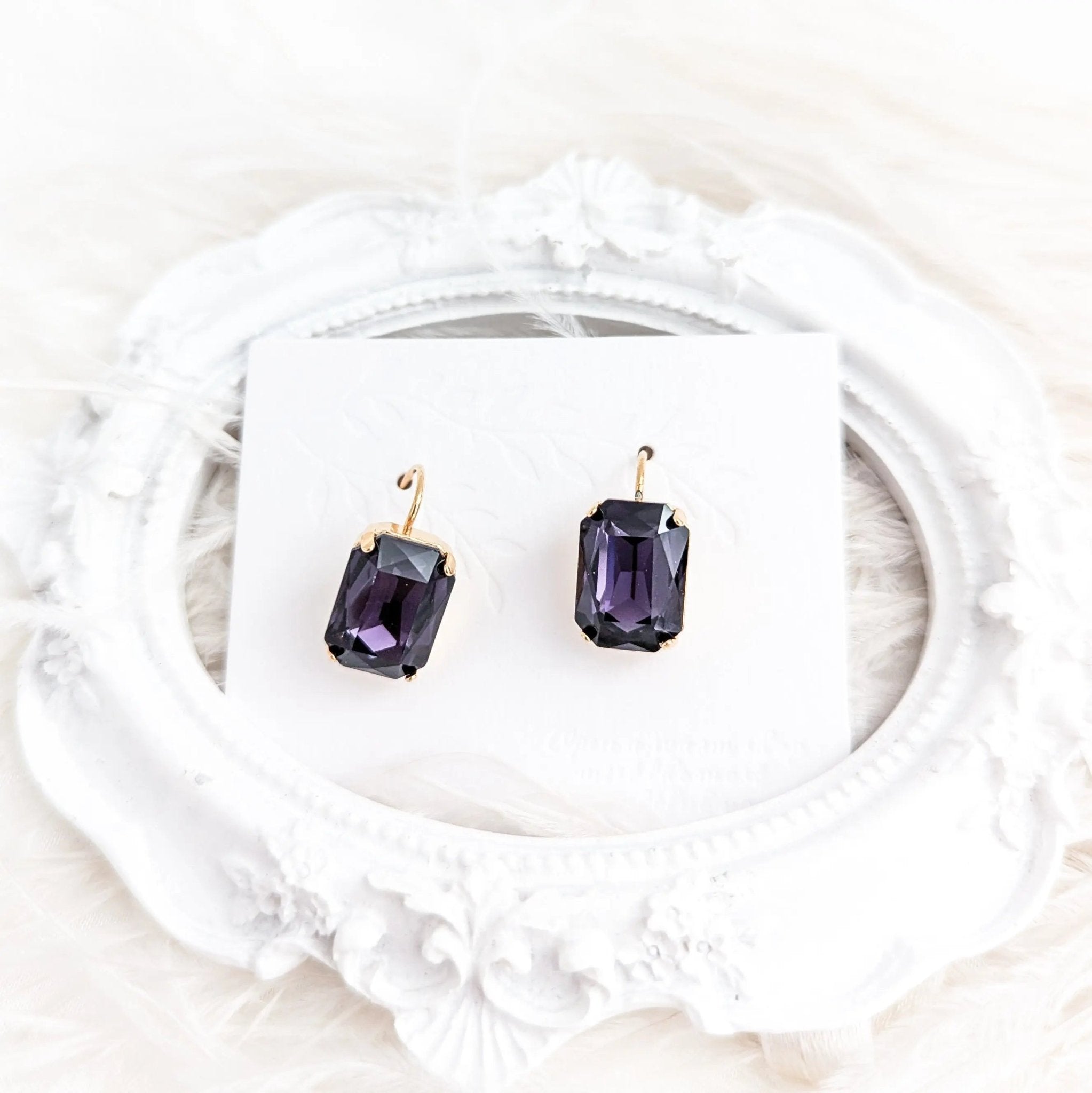 Deep amethyst purple crystal gold emerald cut drop earrings - House of Hats