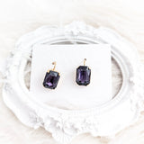 Deep amethyst purple crystal gold emerald cut drop earrings - House of Hats