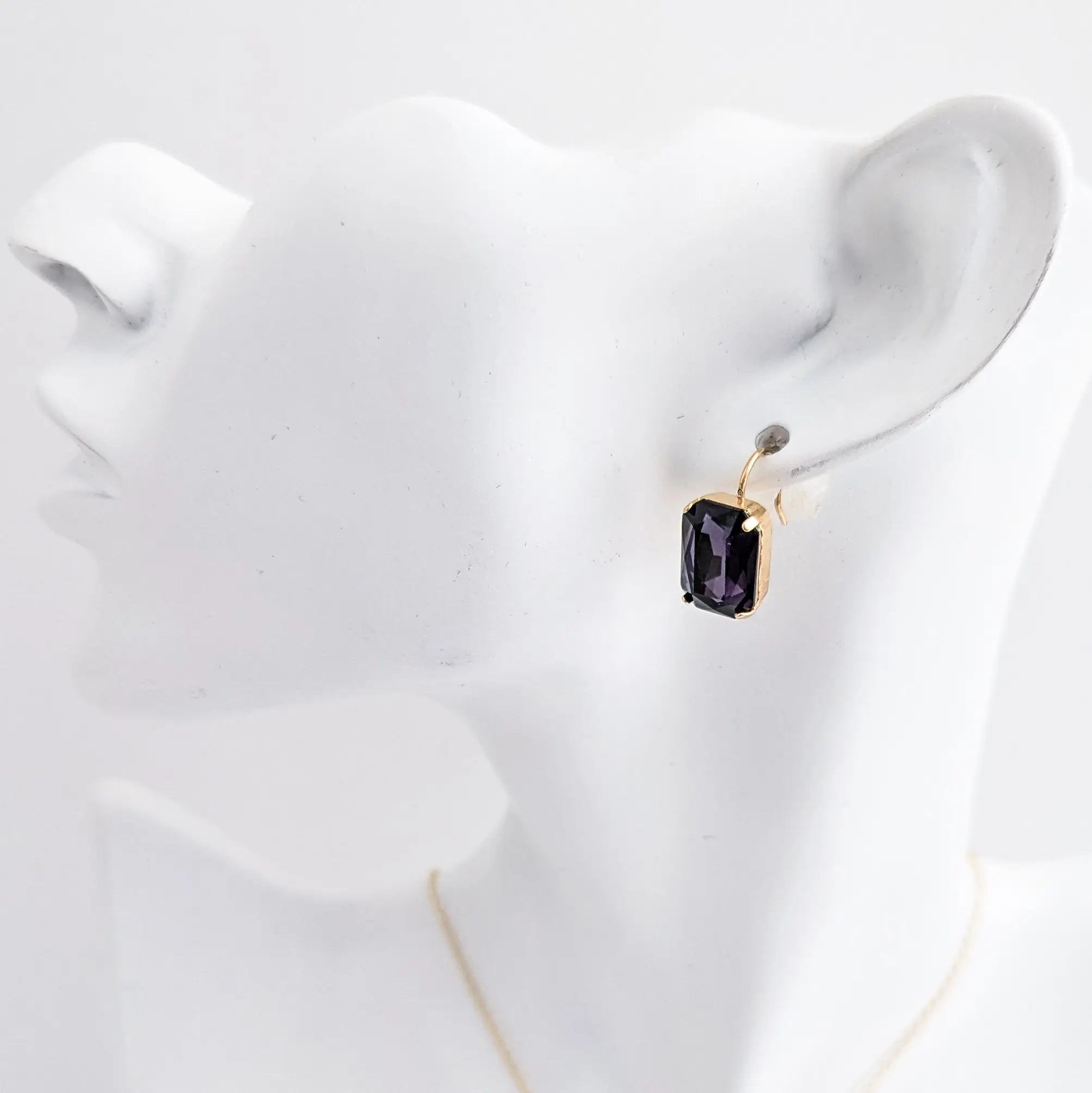 Deep amethyst purple crystal gold emerald cut drop earrings - House of Hats