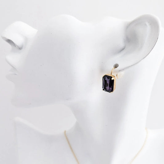 Deep amethyst purple crystal gold emerald cut drop earrings - House of Hats