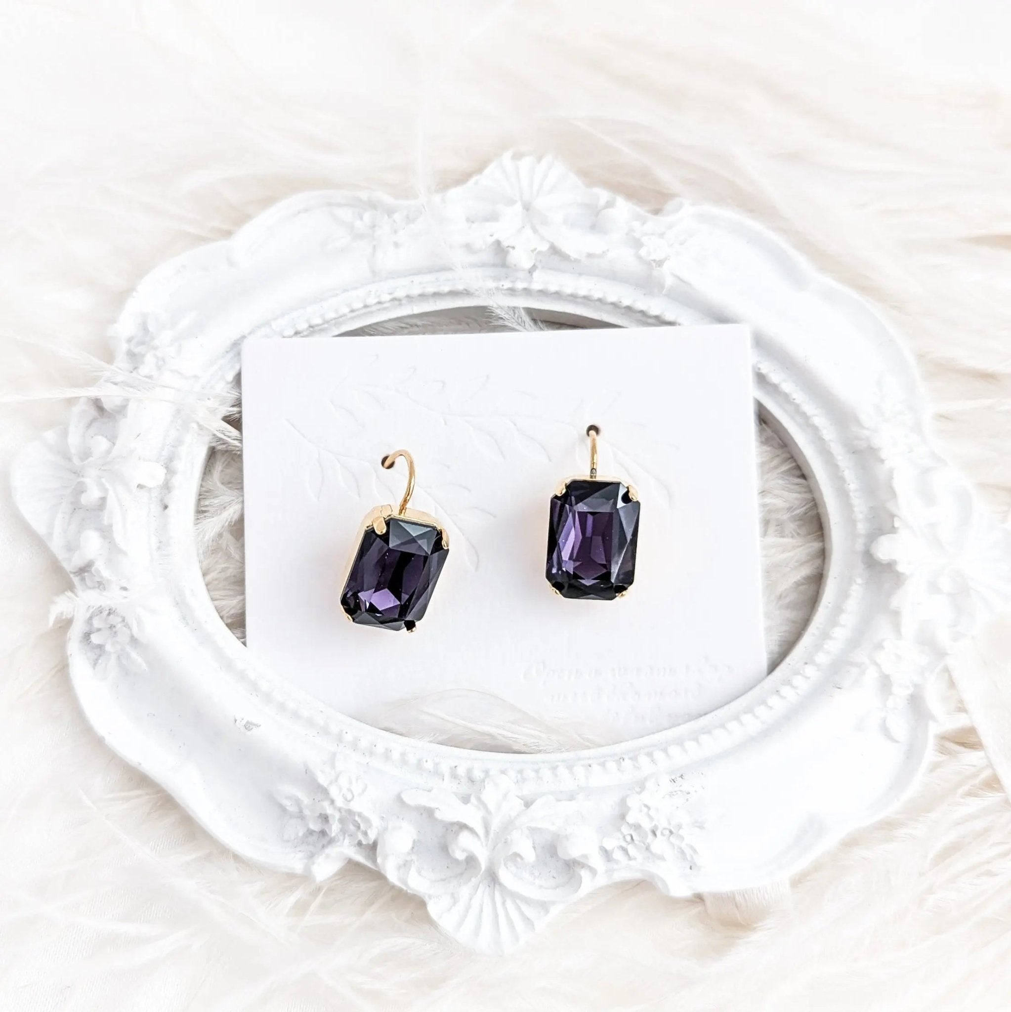 Deep amethyst purple crystal gold emerald cut drop earrings - House of Hats