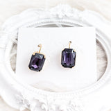 Deep amethyst purple crystal gold emerald cut drop earrings - House of Hats