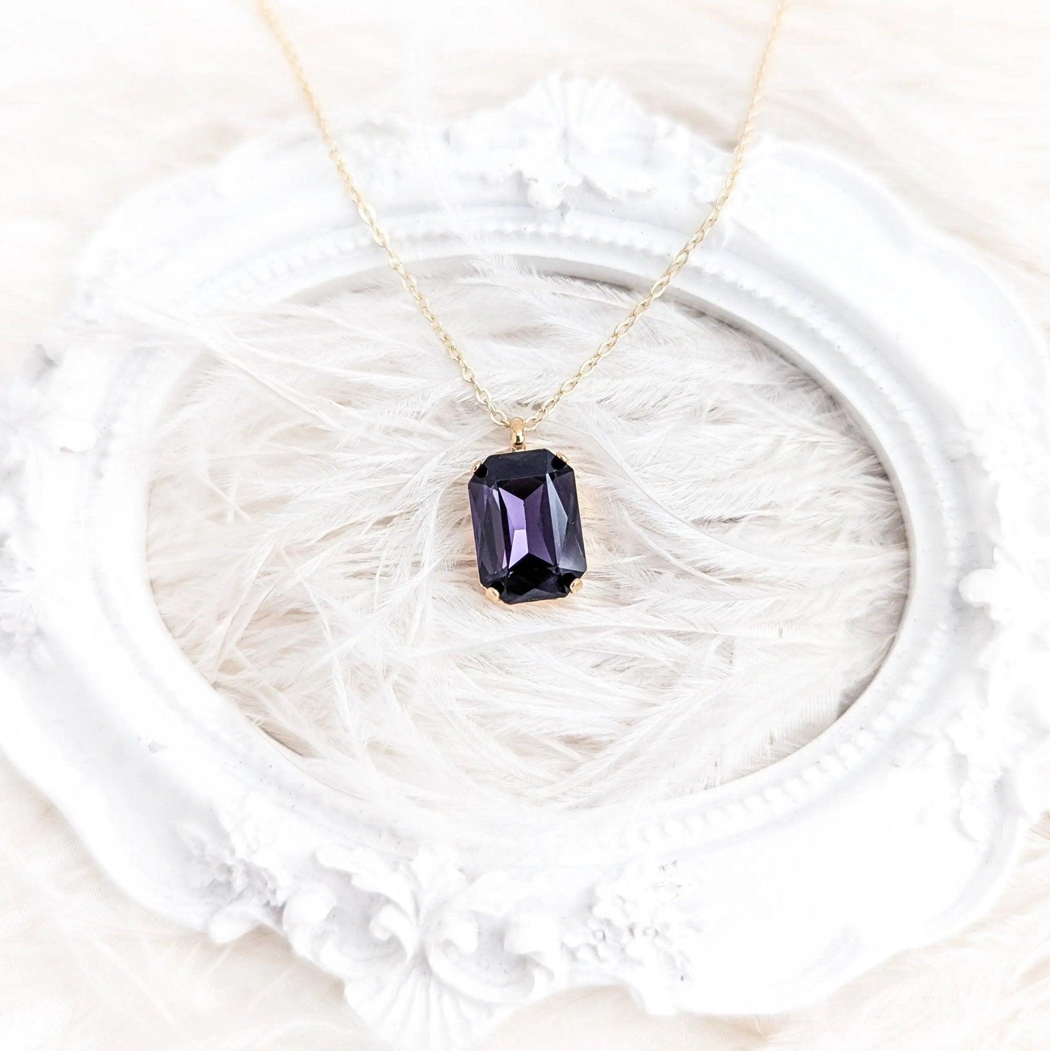 Deep amethyst purple crystal gold emerald cut necklace - House of Hats
