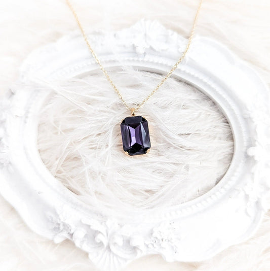 Deep amethyst purple crystal gold emerald cut necklace - House of Hats