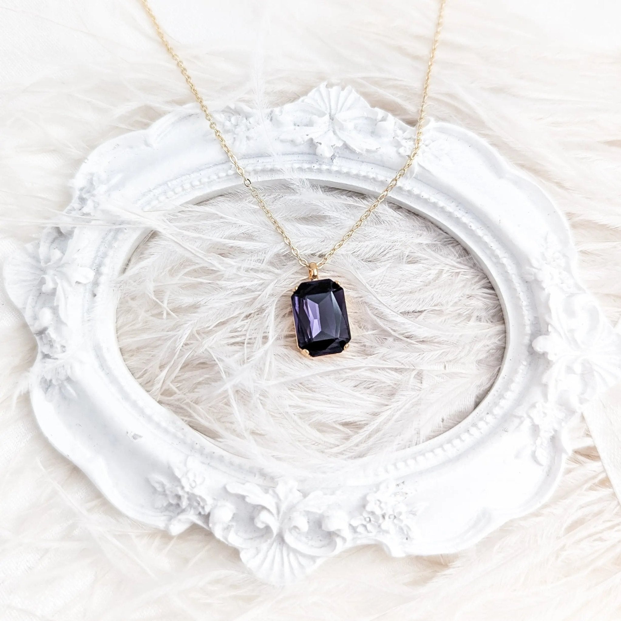 Deep amethyst purple crystal gold emerald cut necklace - House of Hats