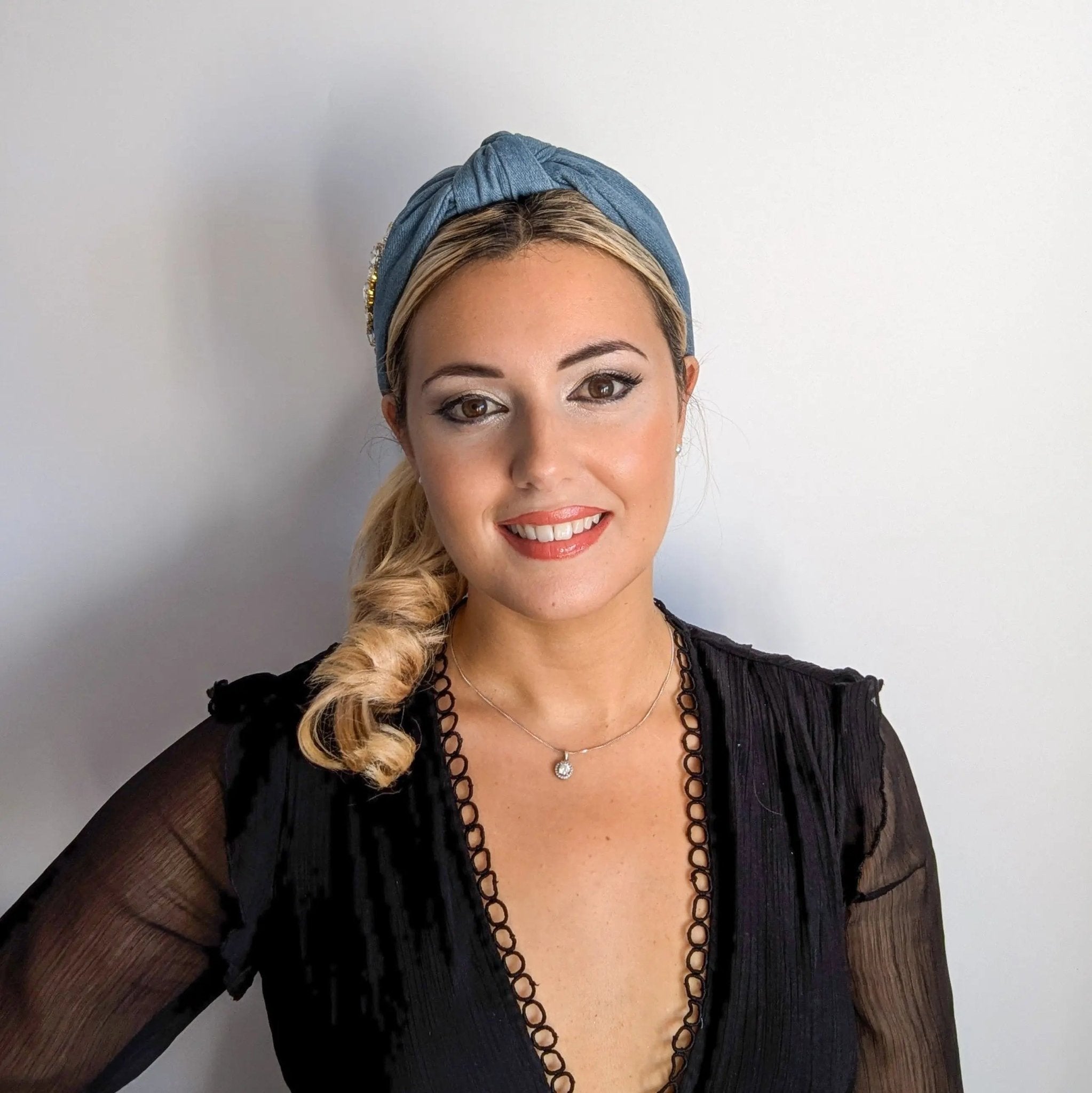 Denim crystal knot headband fascinator - House of Hats