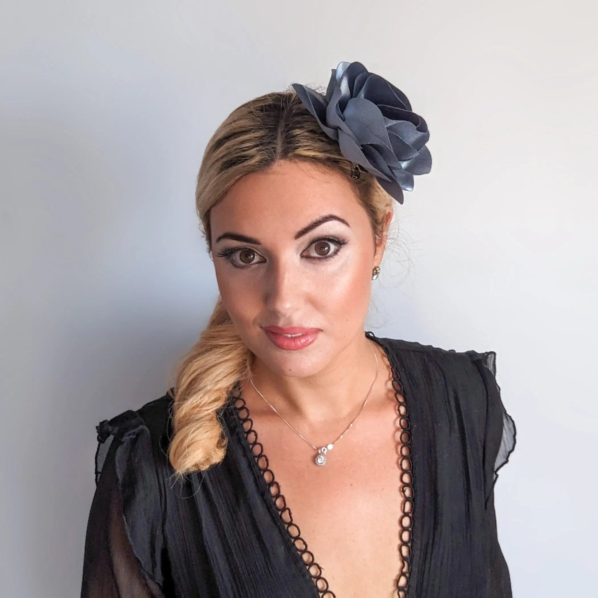 Dusty blue satin rose fascinator hat - House of Hats
