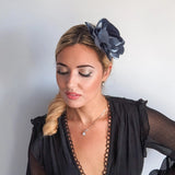 Dusty blue satin rose fascinator hat - House of Hats
