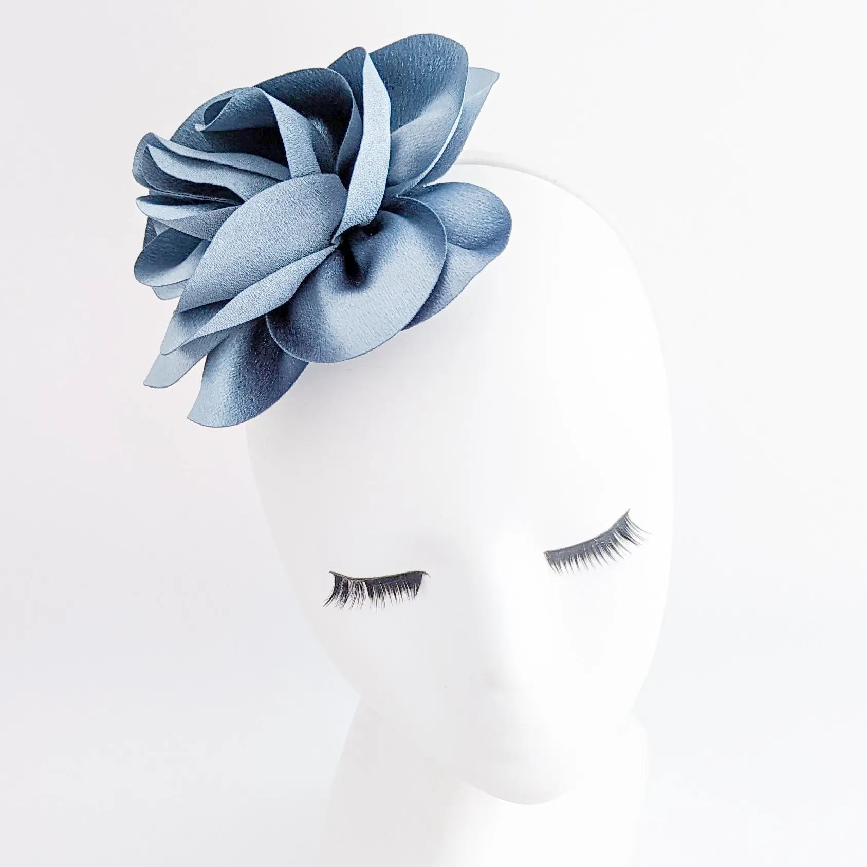 Dusty blue satin rose fascinator hat - House of Hats