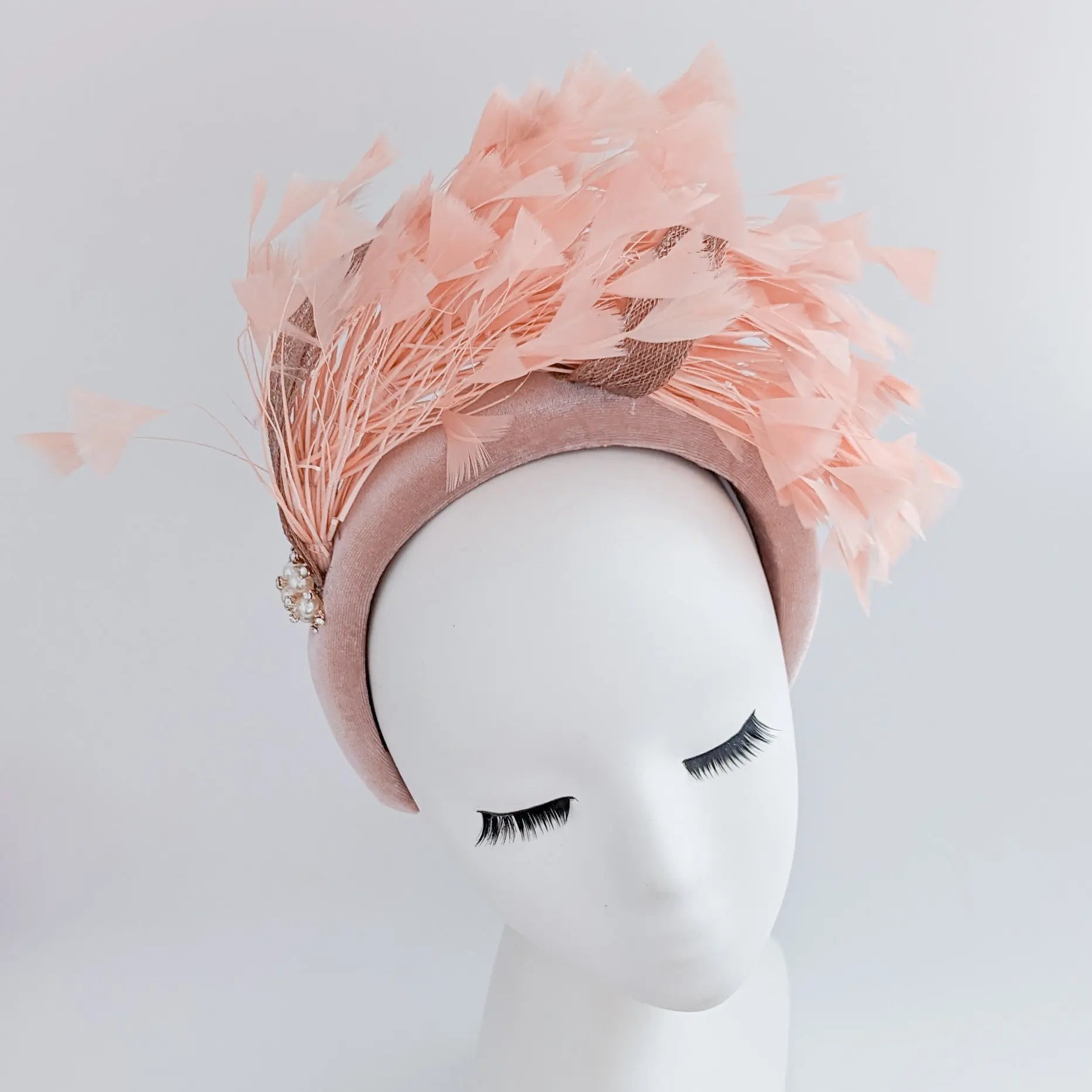 Dusty blush pink feather padded velvet headband fascinator - House of Hats