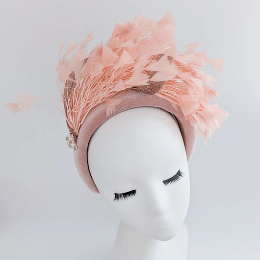 Dusty blush pink feather padded velvet headband fascinator - House of Hats