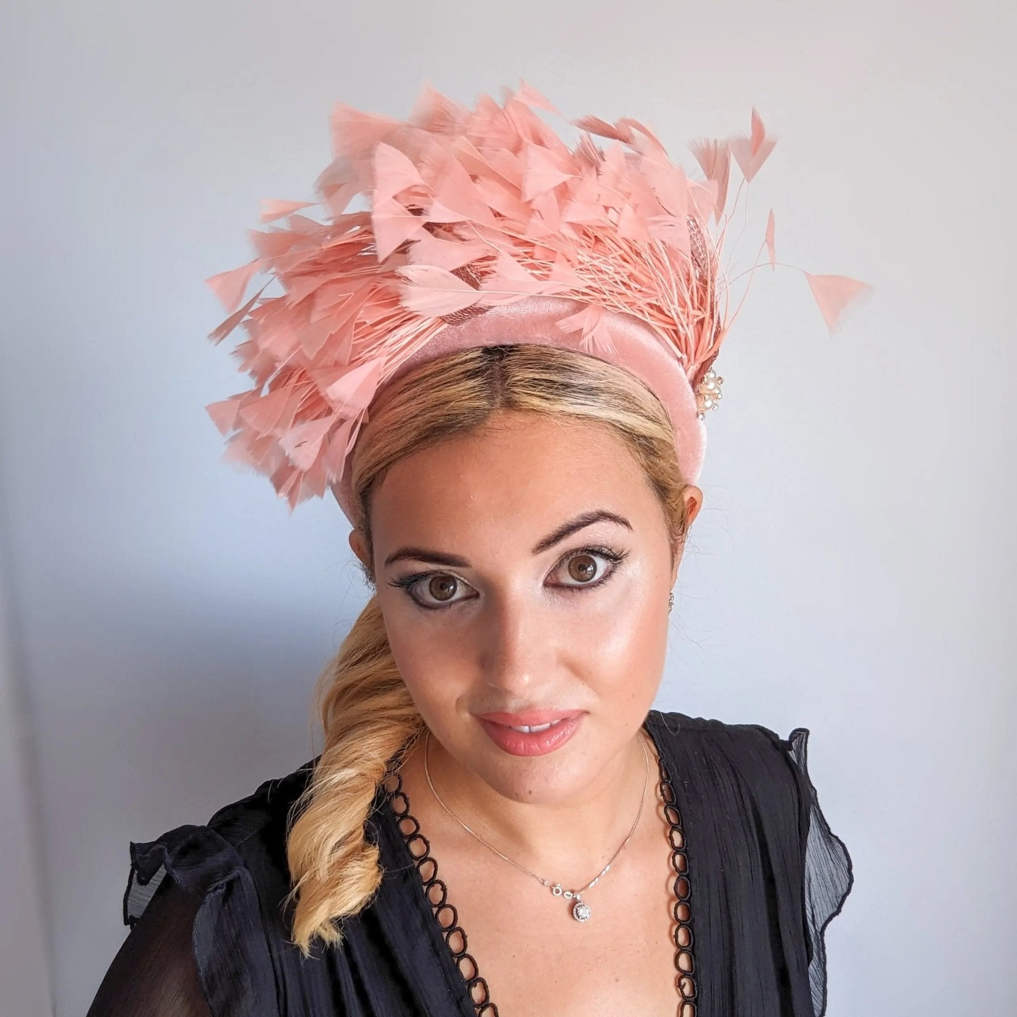 Dusty blush pink feather padded velvet headband fascinator - House of Hats