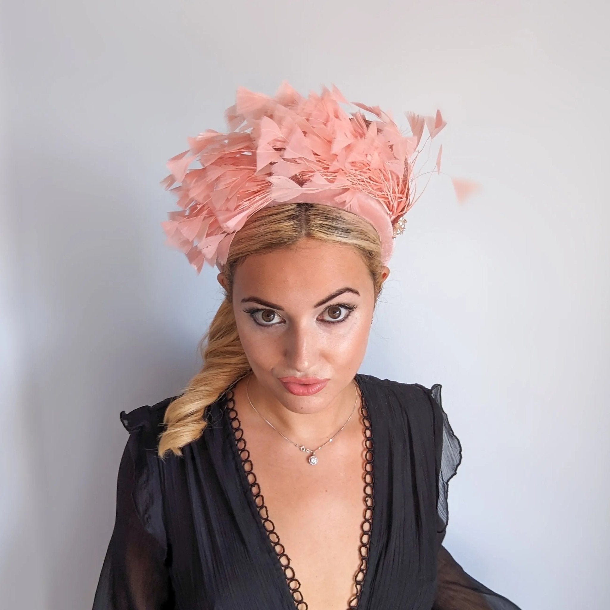 Dusty blush pink feather padded velvet headband fascinator - House of Hats