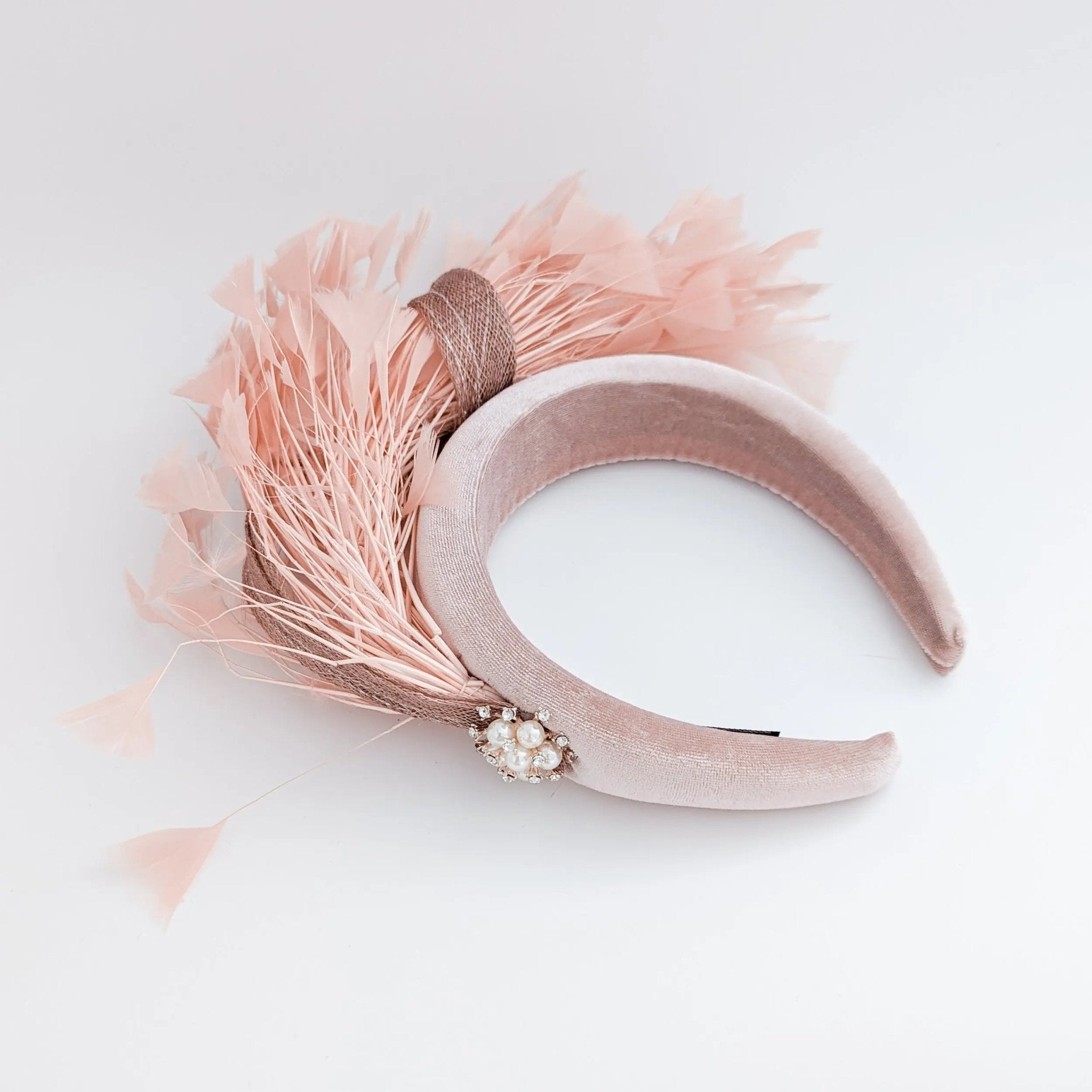Dusty blush pink feather padded velvet headband fascinator - House of Hats