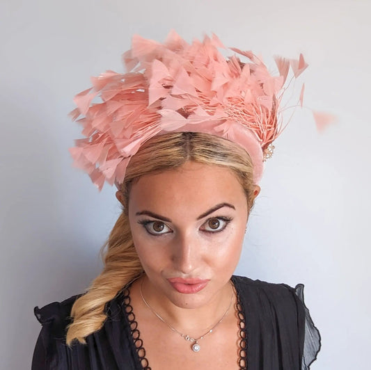 Dusty blush pink feather padded velvet headband fascinator - House of Hats