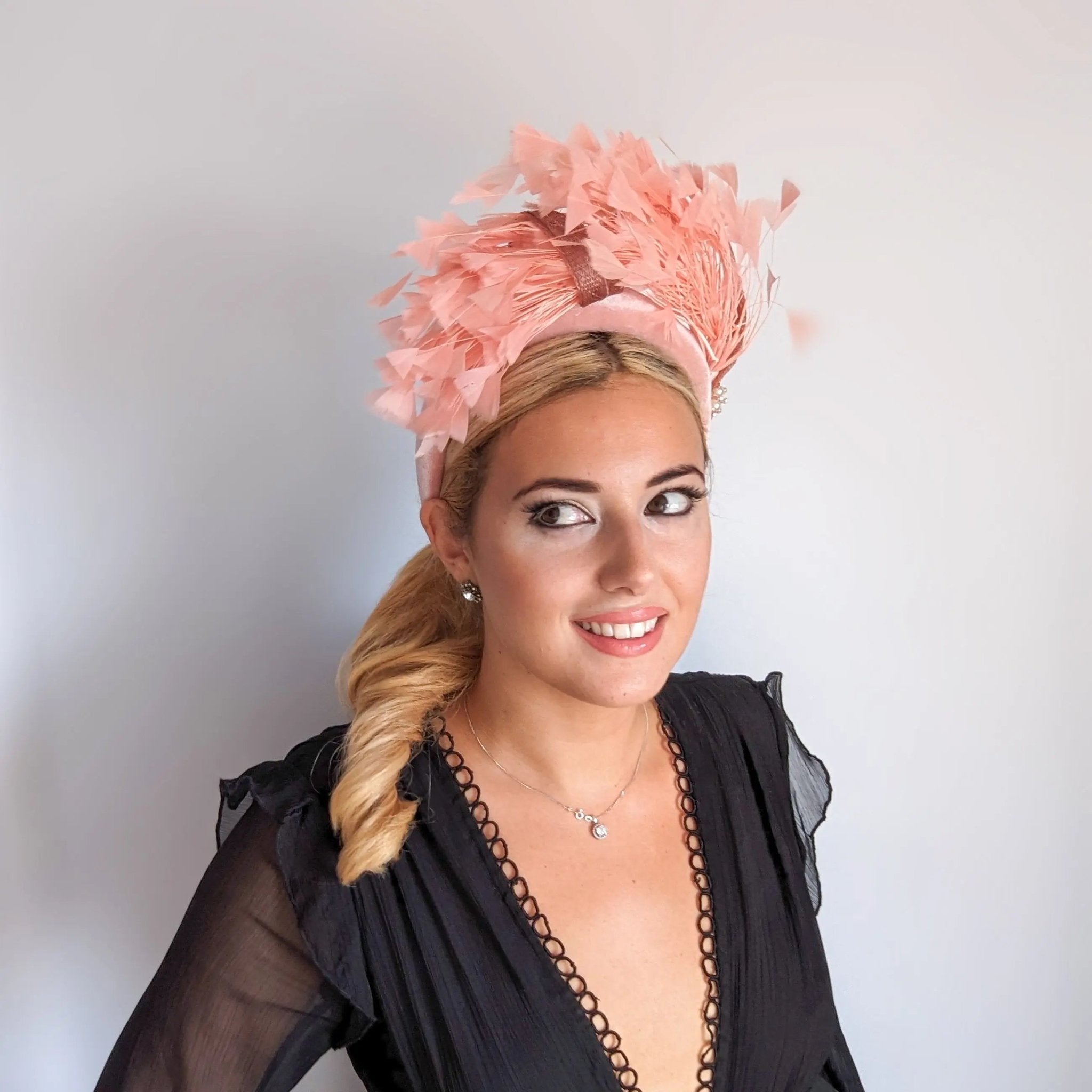 Dusty blush pink feather padded velvet headband fascinator - House of Hats