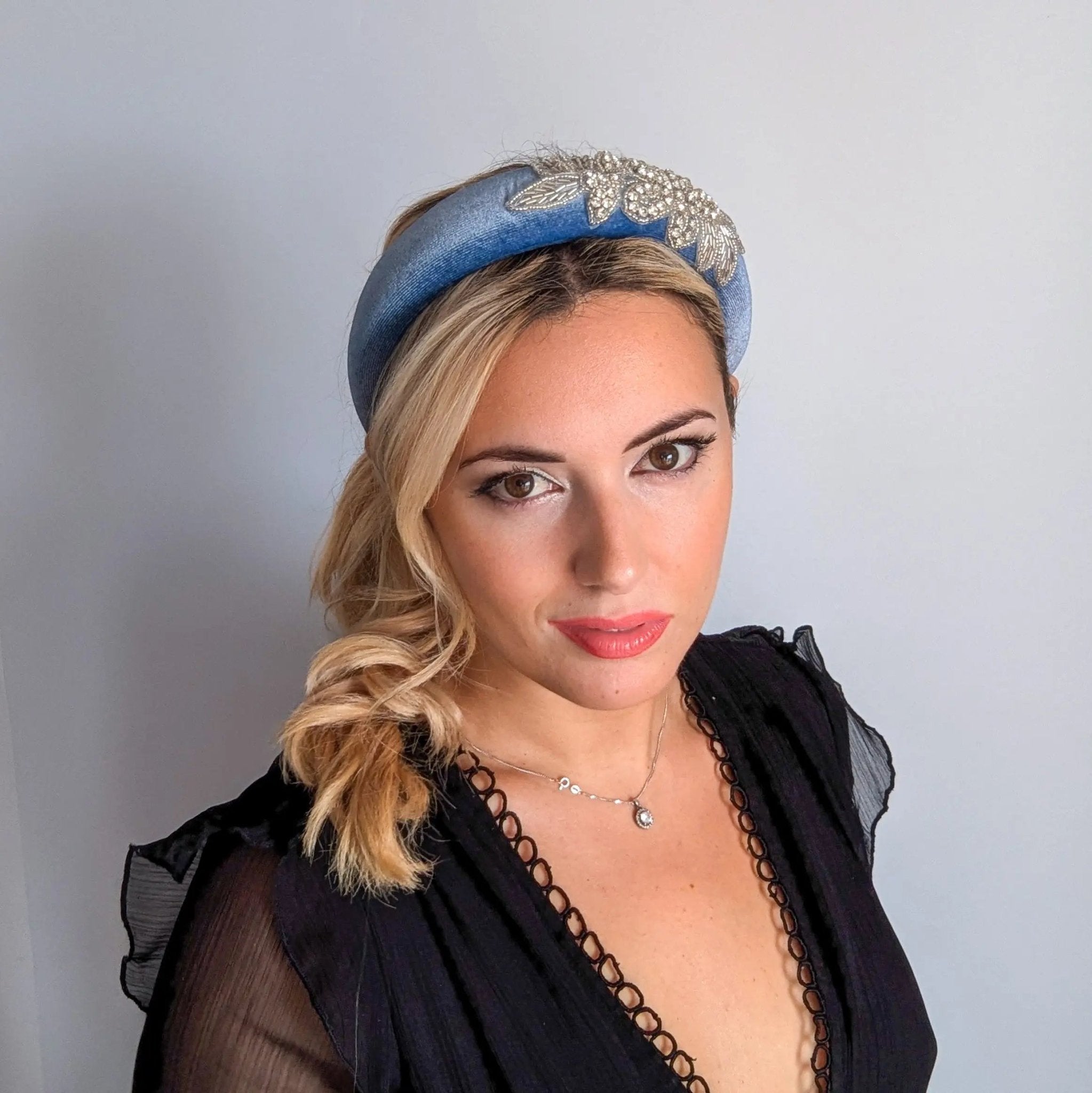 Dusty purple crystal padded velvet headband fascinator - House of Hats