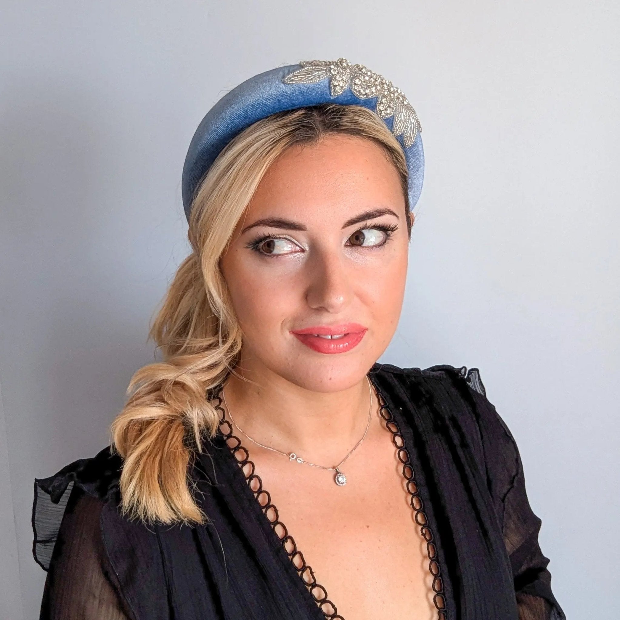 Dusty purple crystal padded velvet headband fascinator - House of Hats