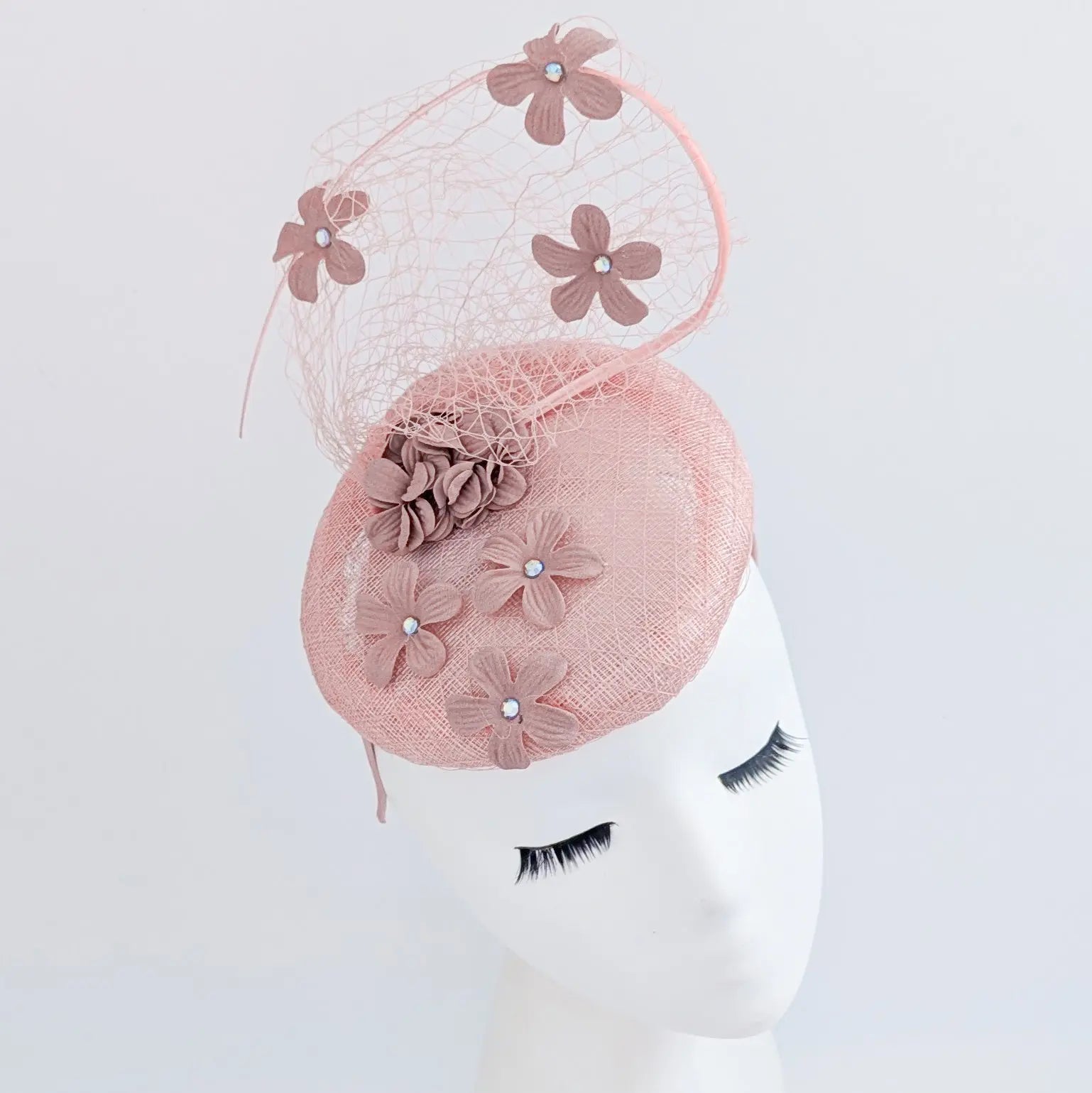 Dusty rose pink flower fascinator hat - House of Hats