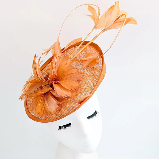 Dusty terracotta orange feather disc fascinator hat - House of Hats
