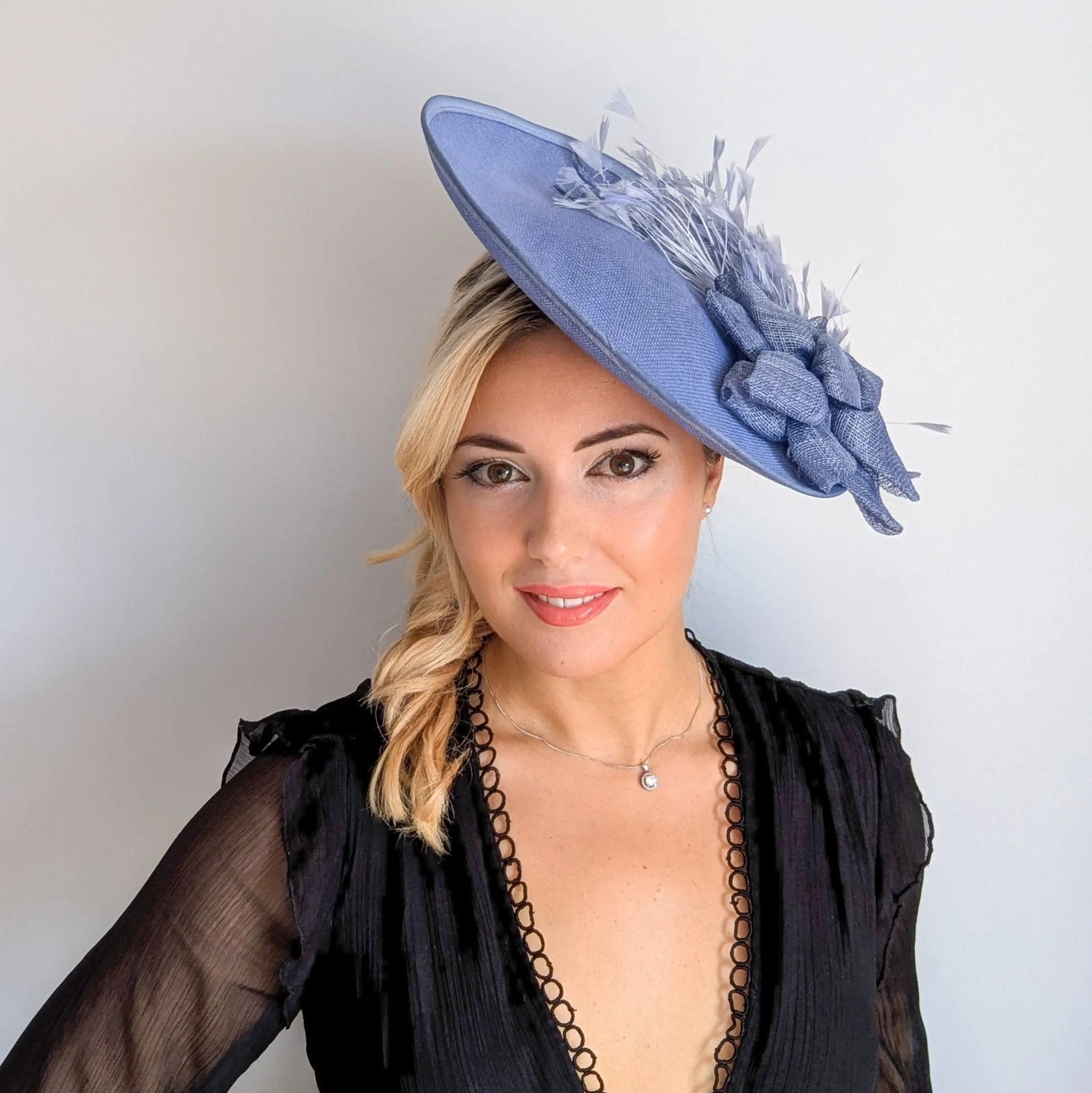 Dusty violet purple large feather disc fascinator hat - House of Hats
