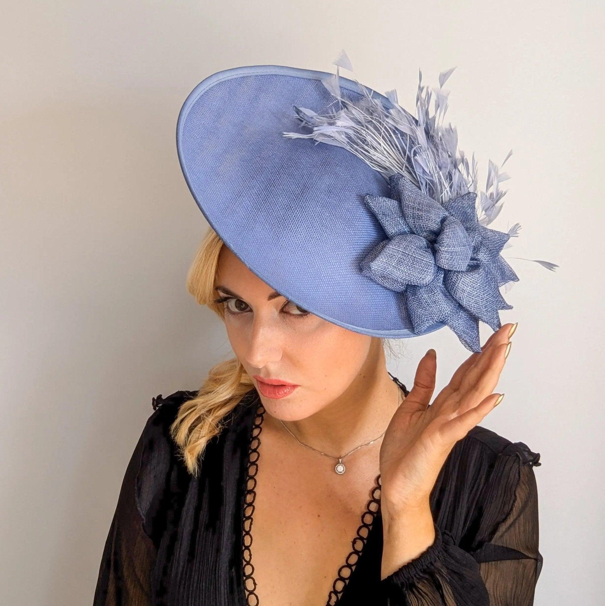 Dusty violet purple large feather disc fascinator hat - House of Hats