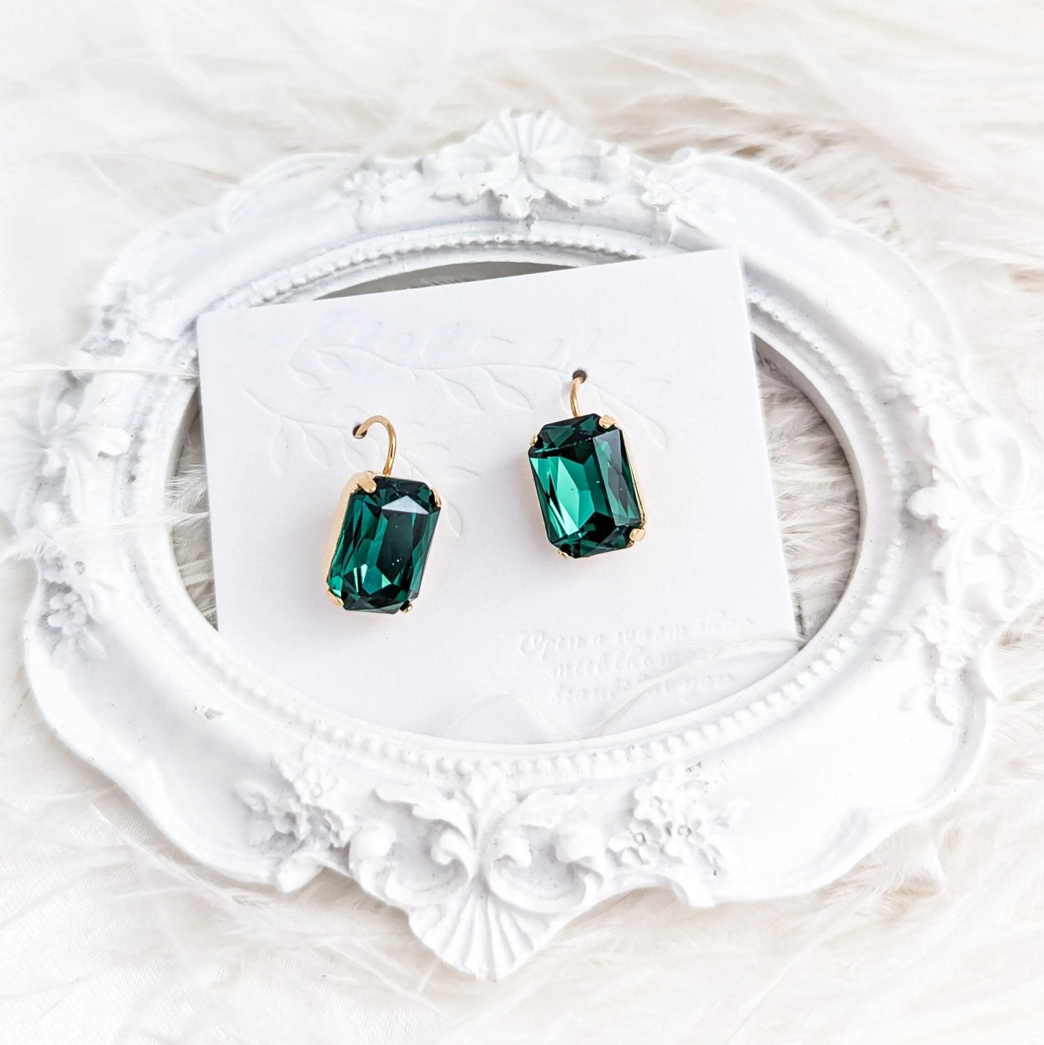 Emerald green crystal gold emerald cut drop earrings - House of Hats