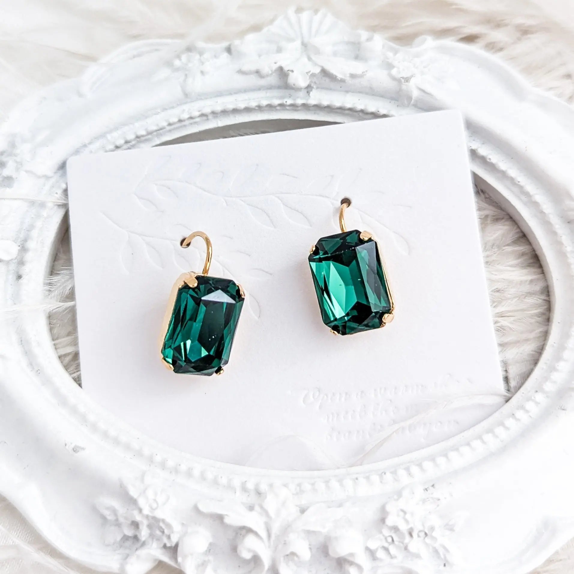 Emerald green crystal gold emerald cut drop earrings - House of Hats
