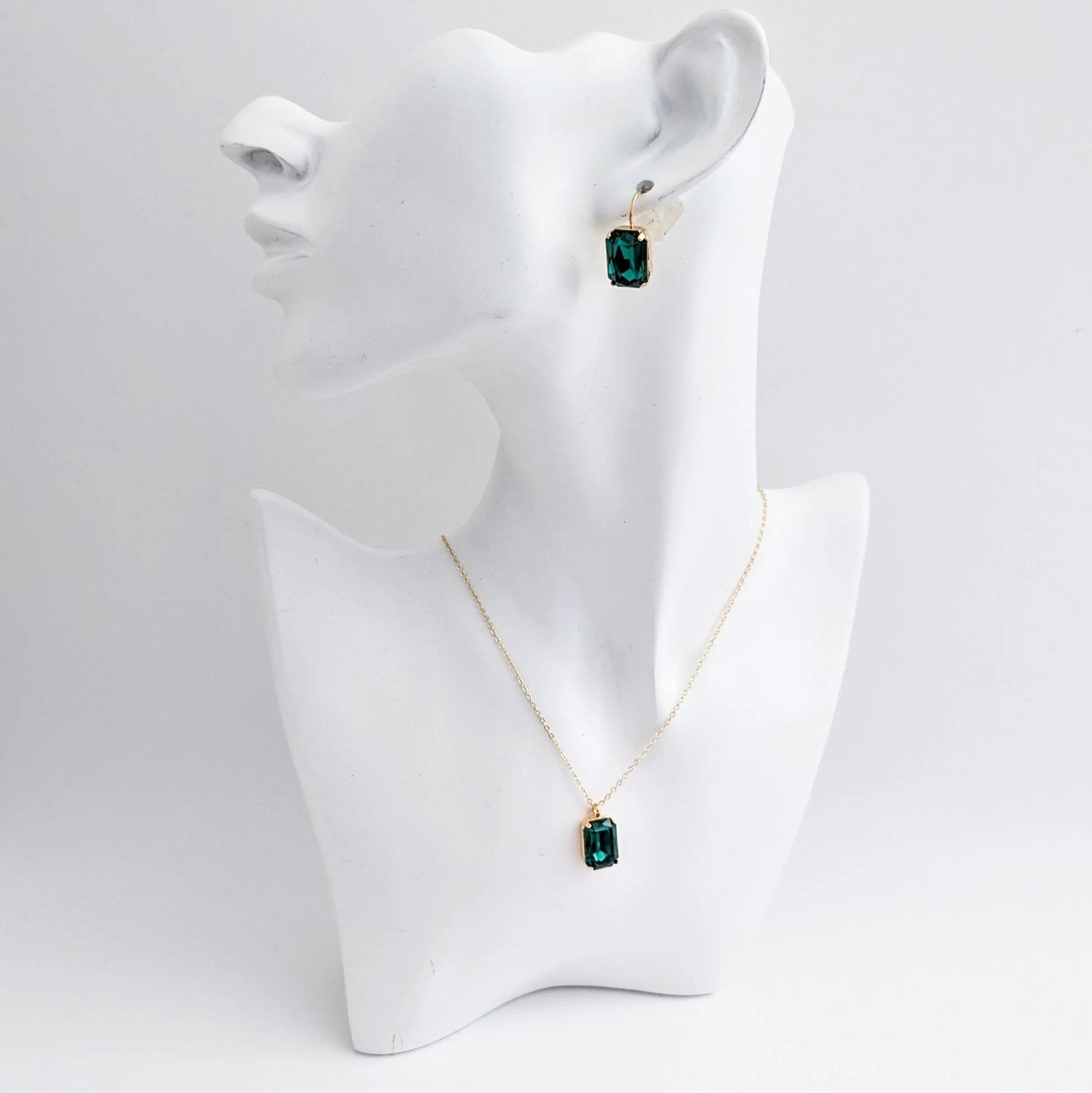 Emerald green crystal gold emerald cut drop earrings - House of Hats