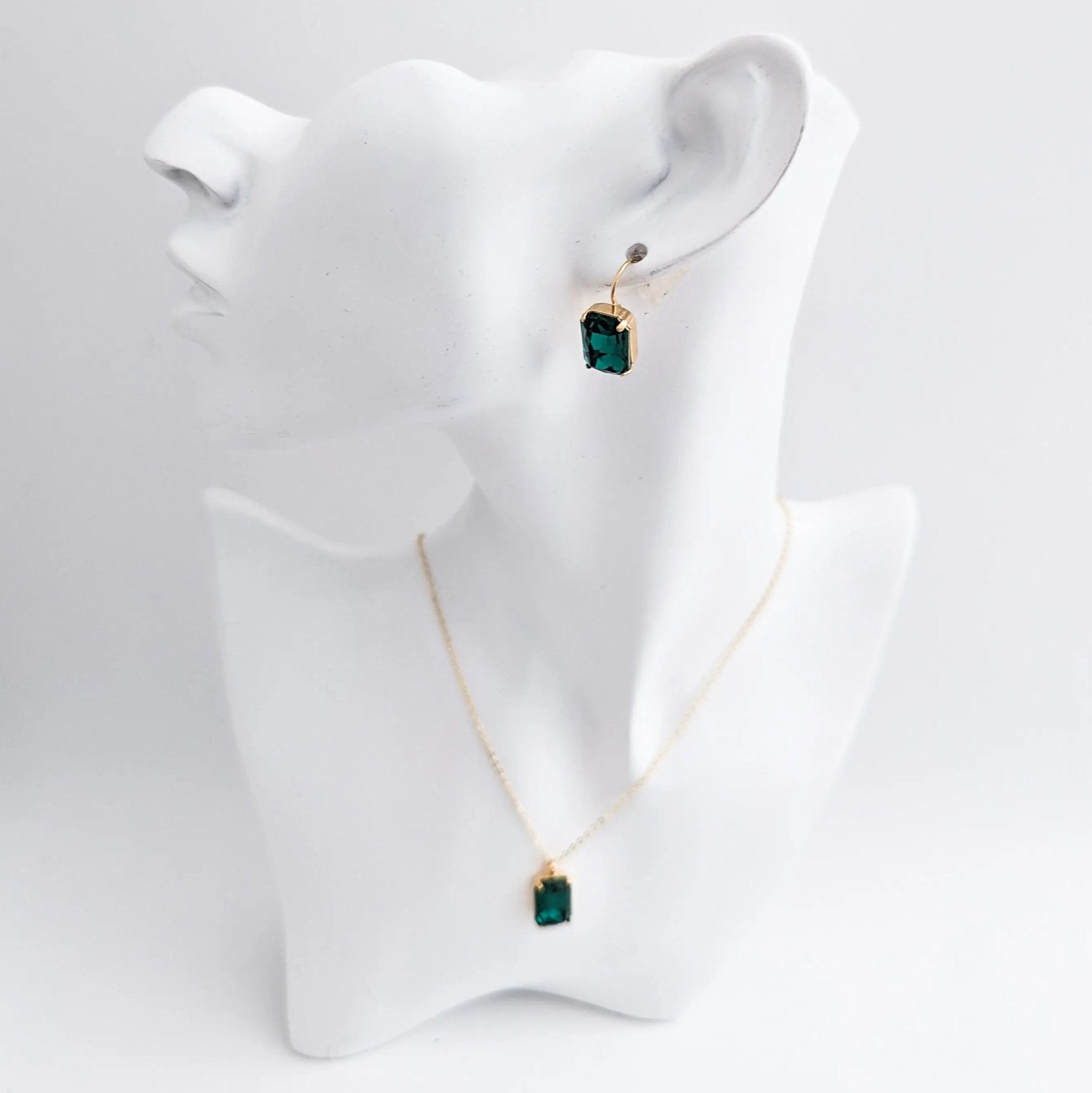 Emerald green crystal gold emerald cut drop earrings - House of Hats