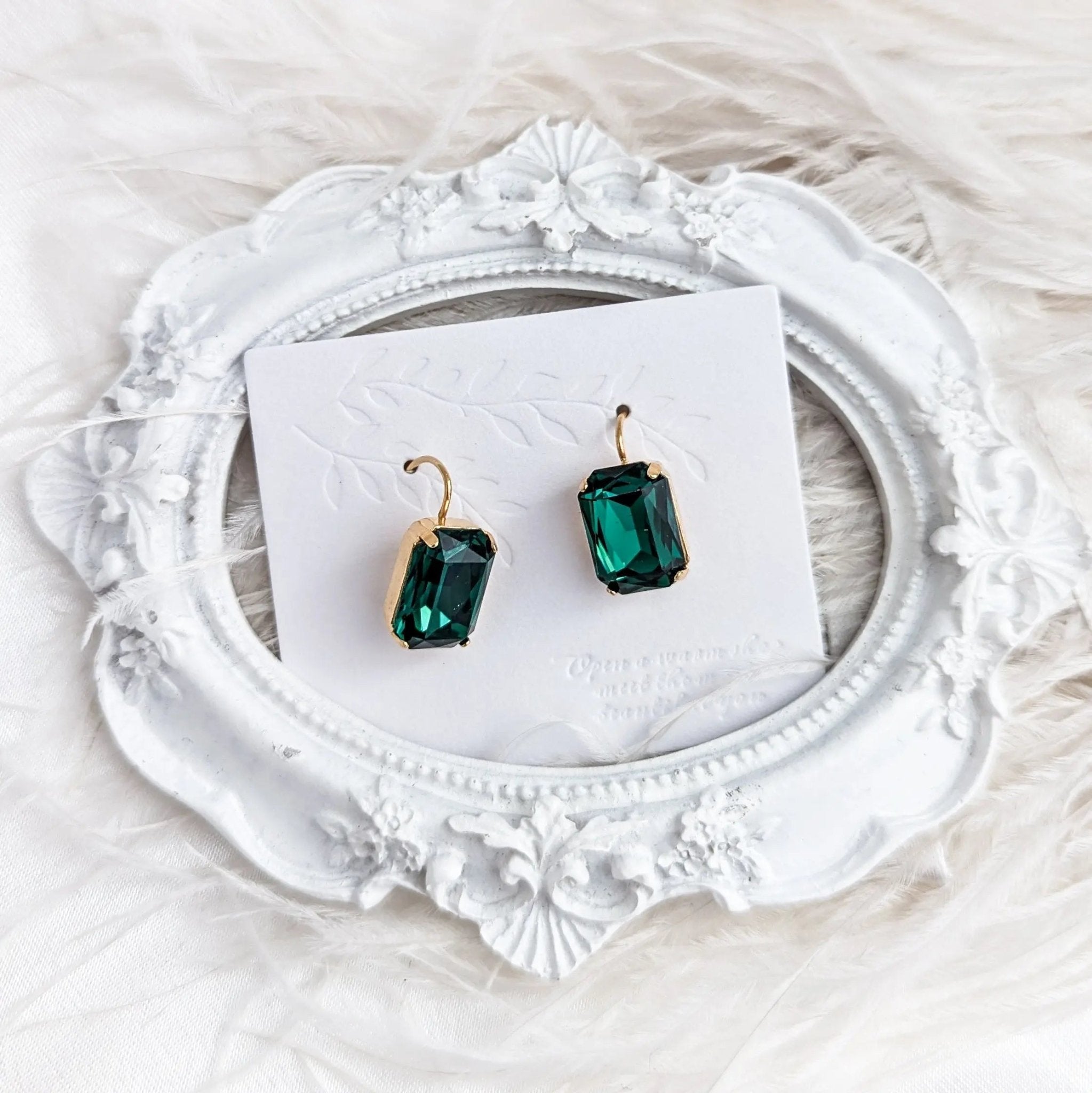Emerald green crystal gold emerald cut drop earrings - House of Hats