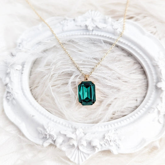 Emerald green crystal gold emerald cut necklace - House of Hats
