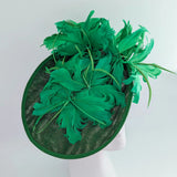 Emerald green feather large saucer disc fascinator hat - House of Hats