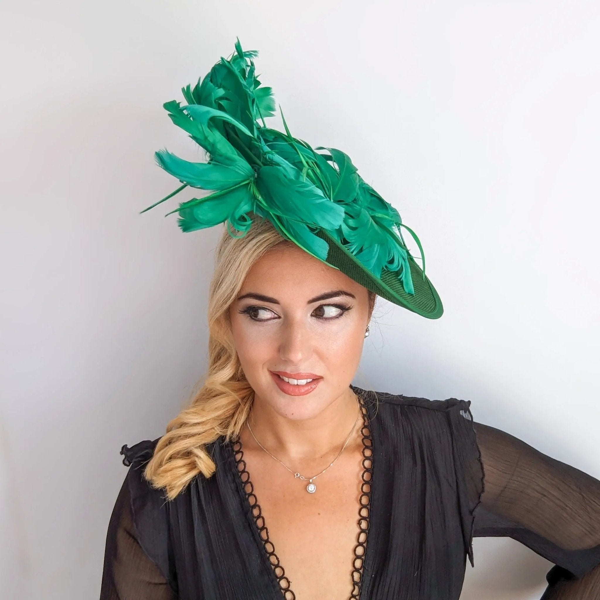 Emerald green feather large saucer disc fascinator hat - House of Hats