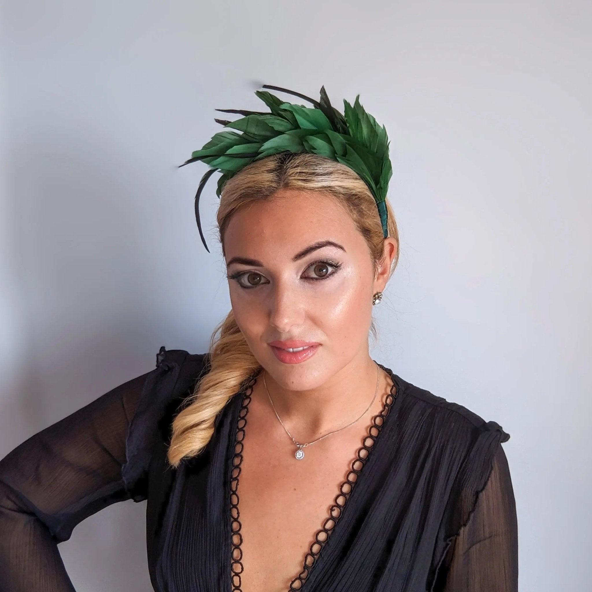 Emerald green feather satin headband fascinator - House of Hats