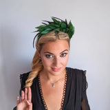 Emerald green feather satin headband fascinator - House of Hats
