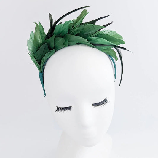 Emerald green feather satin headband fascinator - House of Hats