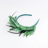 Emerald green feather satin headband fascinator - House of Hats