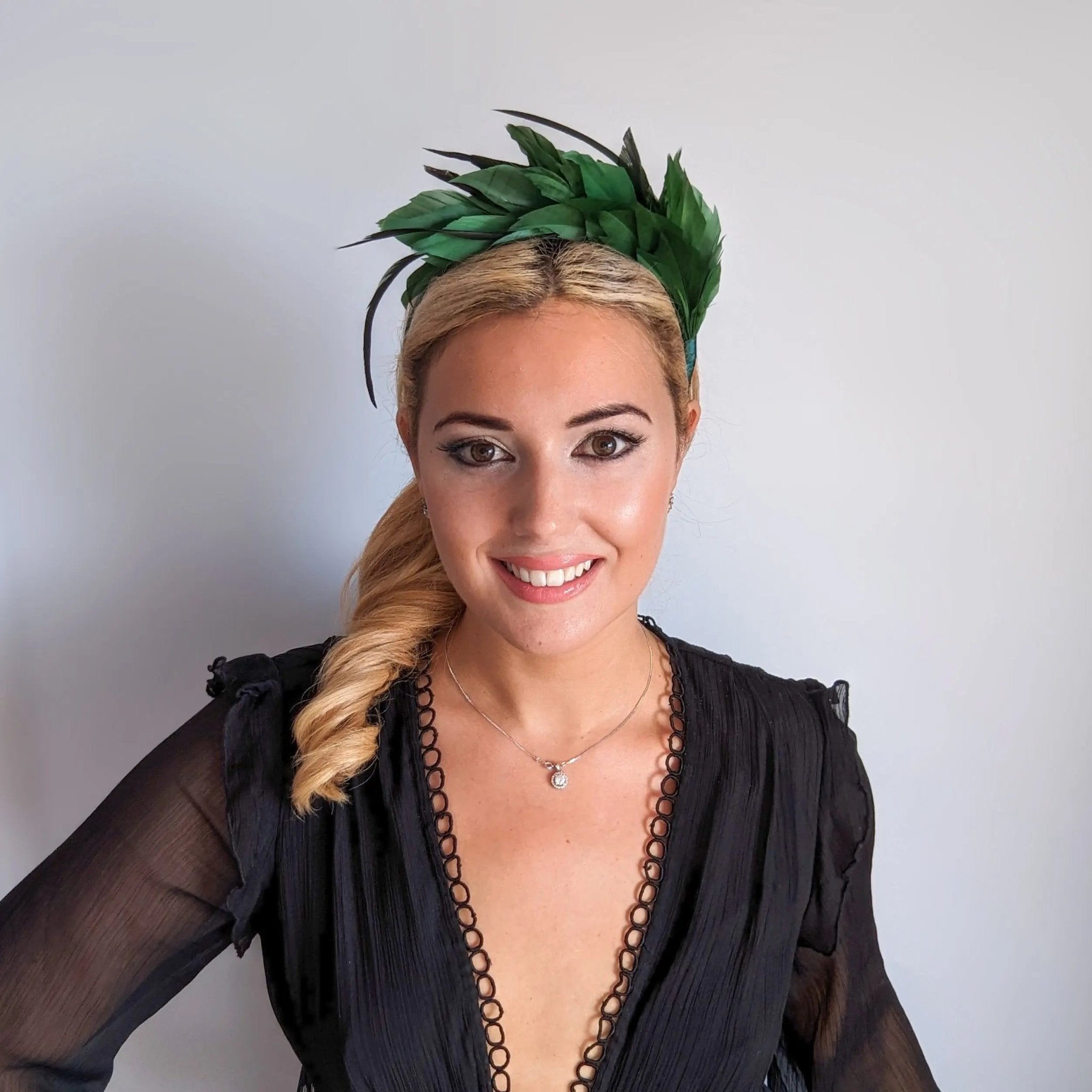 Emerald green feather satin headband fascinator - House of Hats